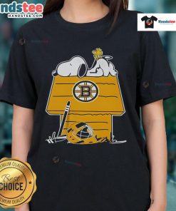 Good Snoopy and Woodstock on a chimney design for Boston Bruins hockey ladies tee shirt, perfect for fans.