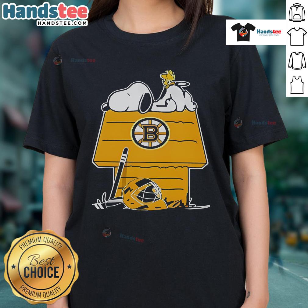 Good Snoopy And Woodstock On The Chimney Boston Bruins Hockey Ladies Tee Good Snoopy and Woodstock on a chimney design for Boston Bruins hockey ladies tee shirt, perfect for fans.