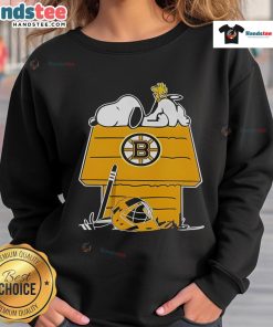 Good Snoopy and Woodstock on the chimney design featured on a Boston Bruins hockey sweatshirt.