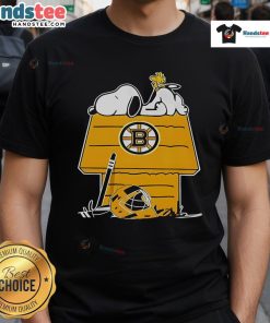 Alt Text: Good Snoopy and Woodstock on a chimney graphic design Boston Bruins hockey t-shirt for fans.