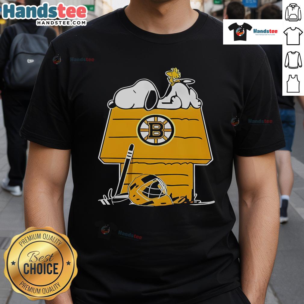Good Snoopy And Woodstock On The Chimney Boston Bruins Hockey T Shirt Alt Text: Good Snoopy and Woodstock on a chimney graphic design Boston Bruins hockey t-shirt for fans.