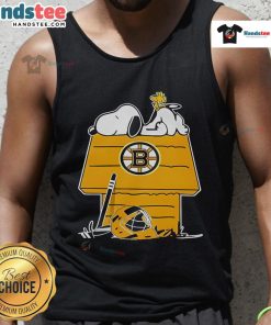 Good Snoopy and Woodstock on the chimney in Boston Bruins hockey tank top, perfect for fans and casual wear.