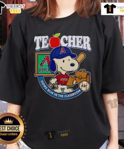 Good Snoopy Teacher in Arizona Diamondbacks tee celebrating a home run in the classroom, perfect for baseball fans.