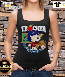 Good Snoopy teacher wearing Arizona Diamondbacks tank top celebrates a home run in the classroom, promoting fun learning.