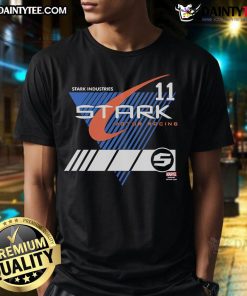 Good Stark Industries Motor Racing Marvel Iron Man T-Shirt featuring a vibrant design of Iron Man in racing gear.