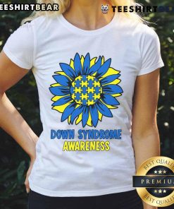Good Sunflower Down Syndrome Awareness Ladies Tee featuring a vibrant sunflower design promoting inclusivity and support.