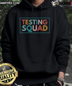 Good Testing Squad Test Day Motivational Hoodie worn by a cheerful student preparing for exams, showcasing team spirit.