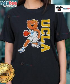 UCLA Bruins women's basketball Joe Bruin mascot on a ladies tee, showcasing school spirit and team pride.