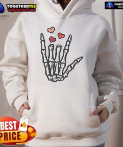 Good Valentine's Day skeleton hand love hoodie design featuring a playful skeleton hand and heart graphic.