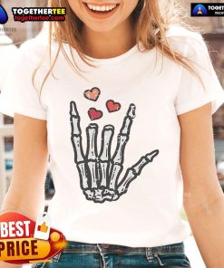 Good Valentine's Day Skeleton Hand Love Ladies Tee featuring a playful design perfect for Halloween-inspired romance.