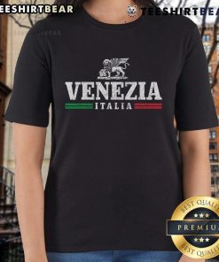 Vintage Venice Italy souvenir tee for ladies featuring the Italian flag and iconic Venice imagery.