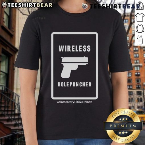 Good Wireless Hole Puncher commentary by Steve Inman on a ladies tee, showcasing stylish design and quality features.