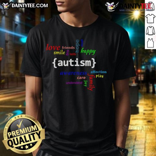 Happy Autism Awareness T-Shirt featuring love, faith, and family themes, perfect for promoting understanding and support.