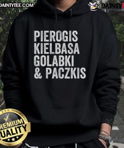 Alt Text: Happy Dyngus Day hoodie featuring Polish pierogis, kielbasa, golabki, and paczkis celebrating Polish heritage.