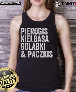 Happy Dyngus Day tank top featuring Polska pierogis, kielbasa, golabki, and paczkis celebrating Polish heritage.