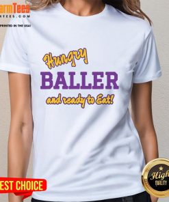 Happy hungry baller wearing a stylish ladies tee, ready to eat and showcase a fun fashion statement.