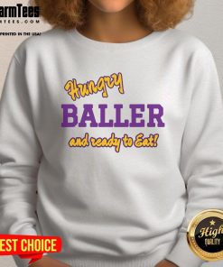 Alt Text: Happy hungry baller wearing a 'Ready to Eat' sweatshirt, showcasing sporty style and vibrant energy.