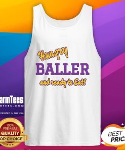 Happy hungry baller wearing a 'Ready to Eat' tank top, showcasing a fun and vibrant athletic style.