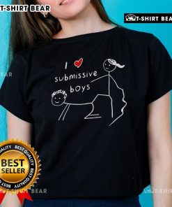 Happy stickman graphic on a ladies tee with 'I Love Submissive Boys' text, perfect for proud submissive supporters.