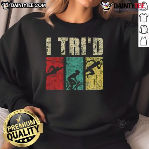 Happy retro vintage triathlon sweatshirt featuring a triathlete swimming, running, and biking design.