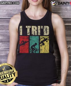 Happy triathlete wearing a retro vintage tank top, showcasing swim, run, and bike themes for triathlon enthusiasts.