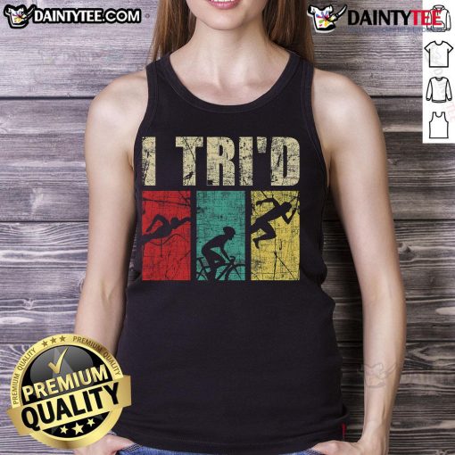 Happy triathlete wearing a retro vintage tank top, showcasing swim, run, and bike themes for triathlon enthusiasts.