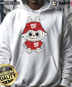 Alt Text: Happy Labubu wearing a Washington Nationals hoodie, showcasing team spirit and cozy style at the ballpark.
