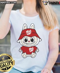 Alt Text: Happy Labubu Washington Nationals ladies tee featuring vibrant team colors and stylish design for female fans.