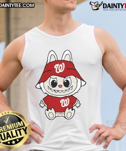 Happy Labubu wearing a Washington Nationals tank top, showcasing team spirit and vibrant colors at a baseball game.
