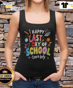 Happy lunch lady wearing a summer tank top, celebrating the last day of school with a joyful smile and festive atmosphere.
