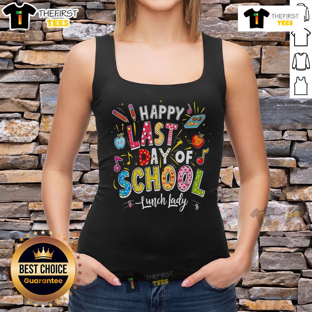 Happy Last Day Of School Lunch Lady Summer Tank Top Happy lunch lady wearing a summer tank top, celebrating the last day of school with a joyful smile and festive atmosphere.