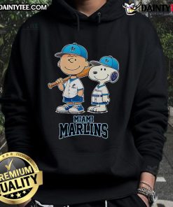 Alt Text: Happy Miami Marlins Charlie Brown and Snoopy baseball cartoon fan hoodie, perfect for sports enthusiasts and cartoon lovers.