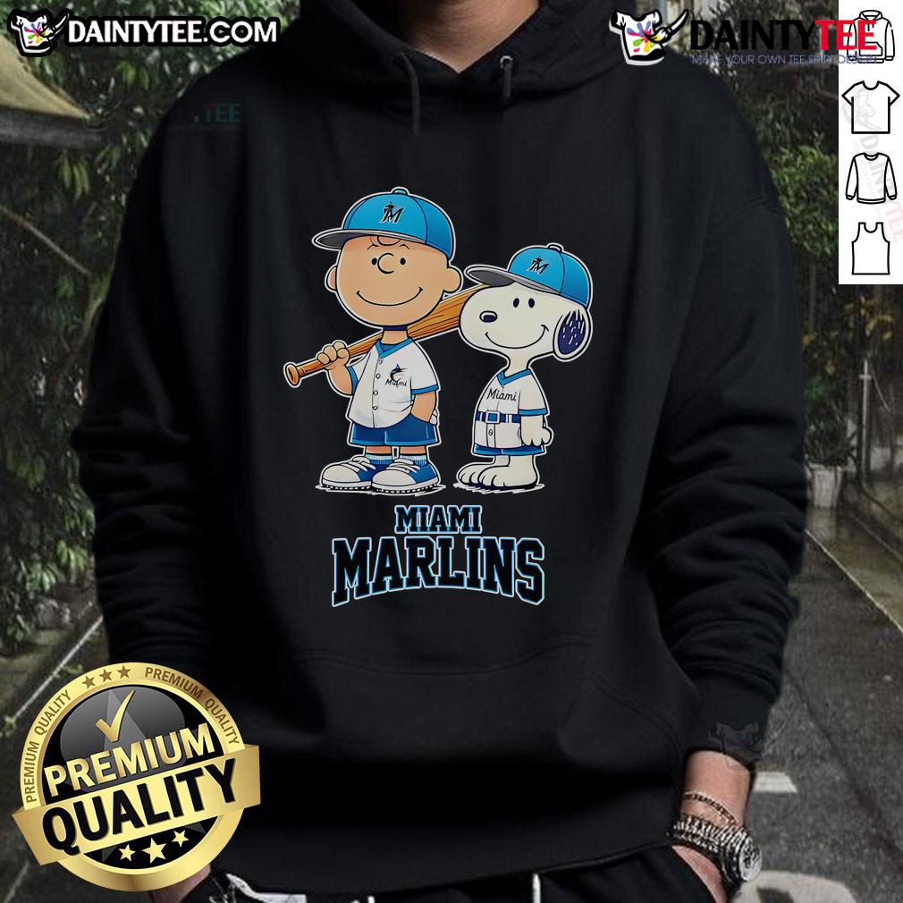 Happy Miami Marlins Charlie Brown And Snoopy Baseball Cartoon Fan Hoodie Alt Text: Happy Miami Marlins Charlie Brown and Snoopy baseball cartoon fan hoodie, perfect for sports enthusiasts and cartoon lovers.