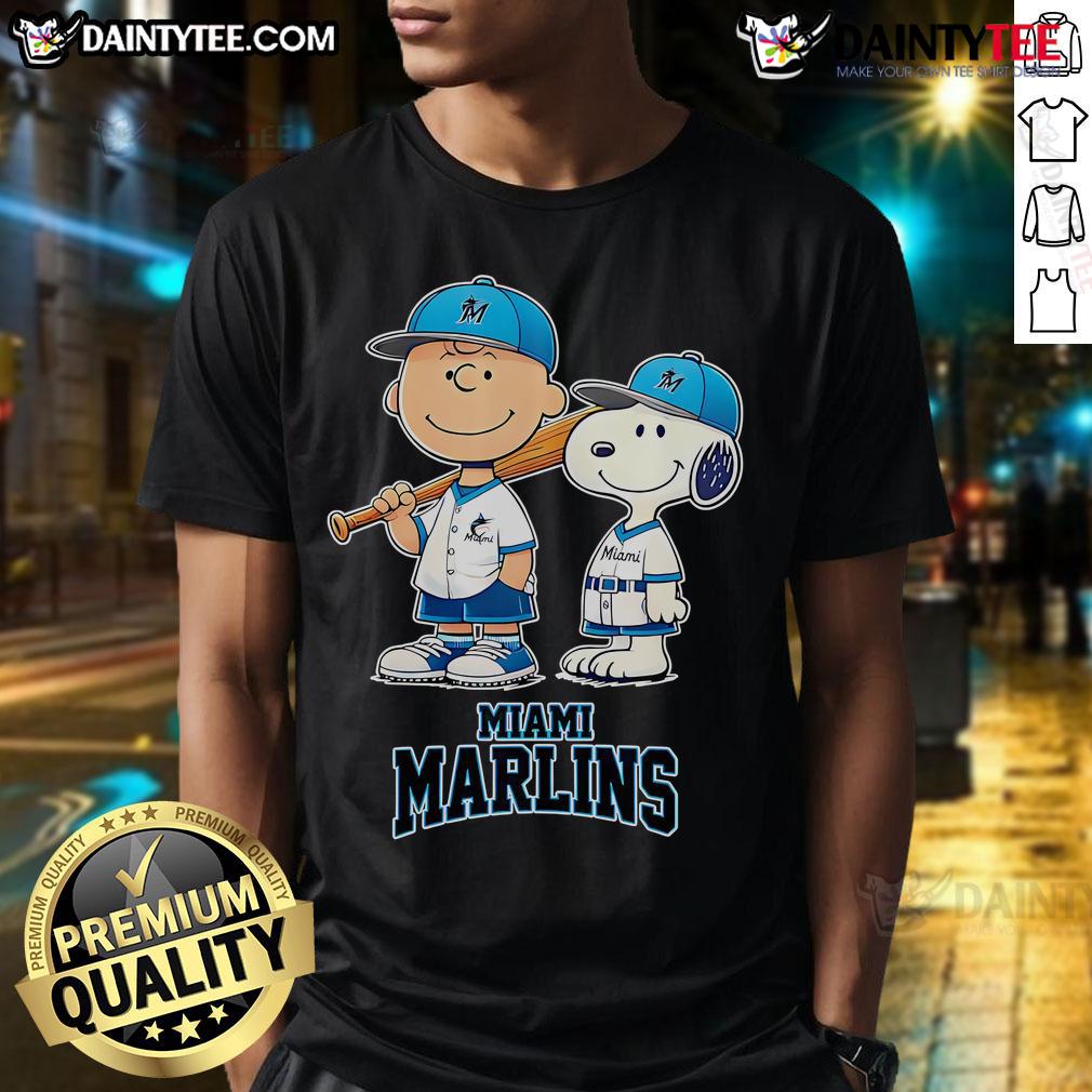 Happy Miami Marlins Charlie Brown And Snoopy Baseball Cartoon Fan T Shirt Alt Text: Happy Miami Marlins Charlie Brown and Snoopy baseball cartoon fan t-shirt featuring vibrant graphics and playful design.