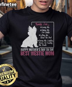 Alt Text: Happy Mother's Day t-shirt for Westie moms featuring a cute white terrier design, perfect gift for dog lovers.