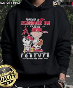 Happy Peanuts Forever Razorbacks fan wearing a baseball hoodie, showcasing team spirit win or lose, yesterday, today, tomorrow.