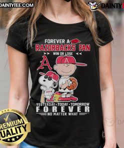 Happy Peanuts Forever A Razorbacks Fan tee for women, celebrating baseball fandom win or lose every day.