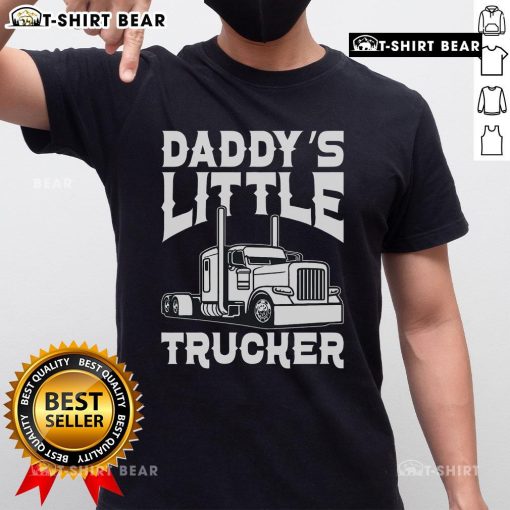 Alt Text: Happy semi truck graphic on Daddy's Little Trucker T-shirt, perfect for young truck enthusiasts and gift ideas.