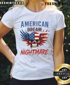 Hot American Dream Nightmare ladies tee featuring a skull and flag design, perfect for bold fashion statements.