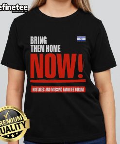 Women wearing 'Bring Them Home Now' tees at a forum for hostages and missing families, with the Israel flag in the background.