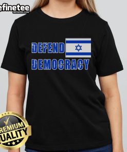 Hot Defend Democracy Defend Israel tee featuring a lightly distressed Israeli flag design for ladies.