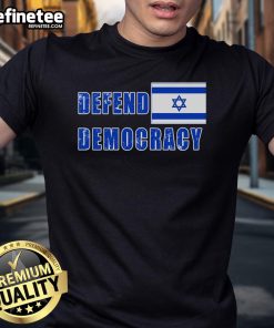 Alt Text: Lightly distressed t-shirt featuring the Israeli flag and the phrase Defend Democracy, Defend Israel.