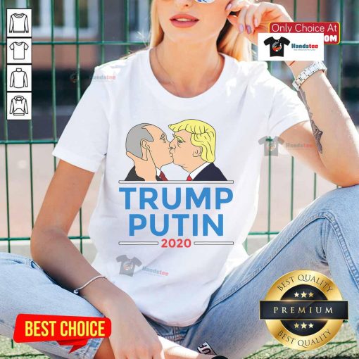 Hot Donald Trump kissing Putin graphic on Anti-Trump 2020 ladies tee, showcasing political satire and humor.