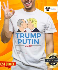 Alt Text: Hot Donald Trump kissing Putin graphic on Anti Trump 2020 T-Shirt, showcasing political satire and humor.