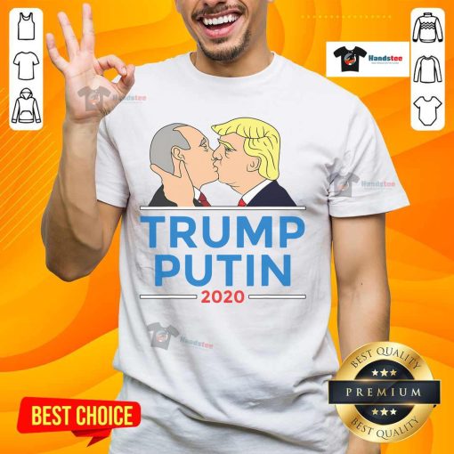 Alt Text: Hot Donald Trump kissing Putin graphic on Anti Trump 2020 T-Shirt, showcasing political satire and humor.