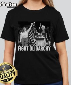 Hot Fight Oligarchy tee featuring Bernie Sanders and AOC promoting freedom and anti-Trump message for women's fashion.