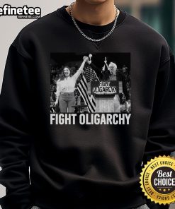 Hot Fight Oligarchy sweatshirt featuring Bernie Sanders and AOC, symbolizing US freedom and anti-Trump activism.