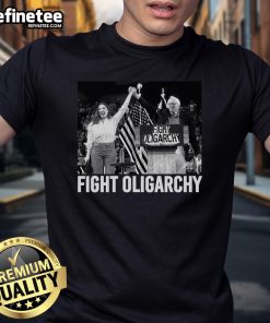 Hot Fight Oligarchy T-Shirt featuring Bernie Sanders and AOC, promoting freedom and anti-Trump message.