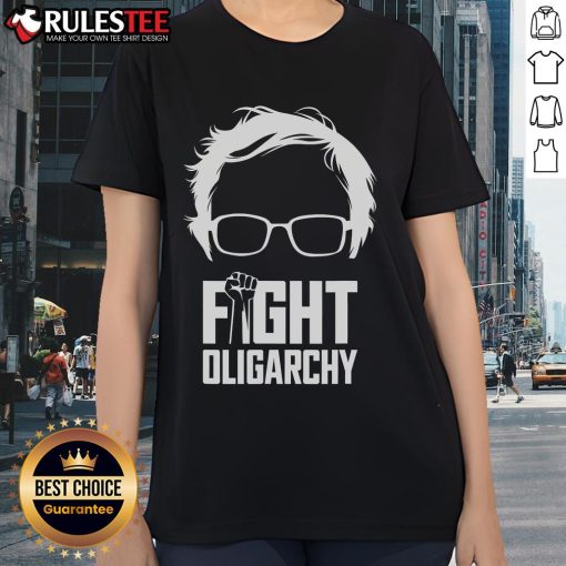 Women wearing 'Resist' tees featuring Bernie Sanders and AOC at a Hot Fight Oligarchy protest rally.