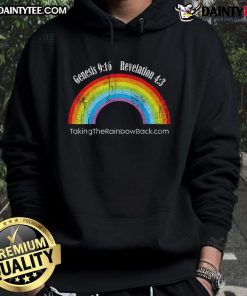 Hot Genesis 9:16 Revelation 4:3 Taking the Rainbow Back Hoodie featuring vibrant rainbow design and comfortable fit.